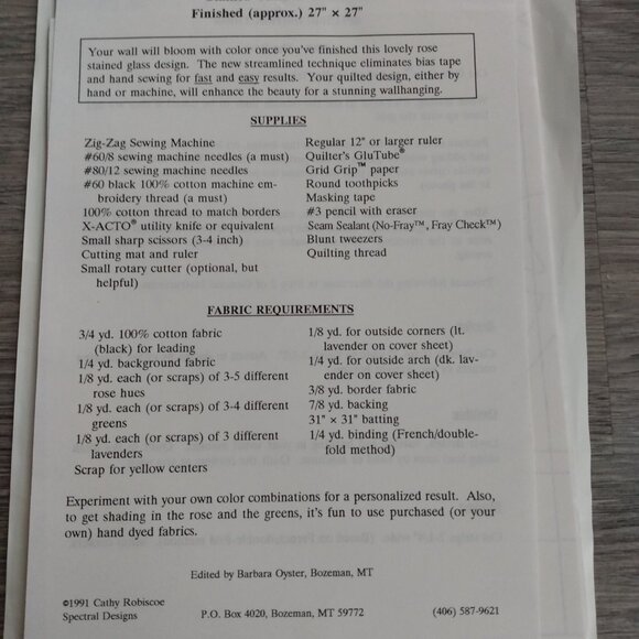 Rose Wall Quilt Sewing Pattern #401 Fabric Stained Glass Quilting - Picture 5 of 8